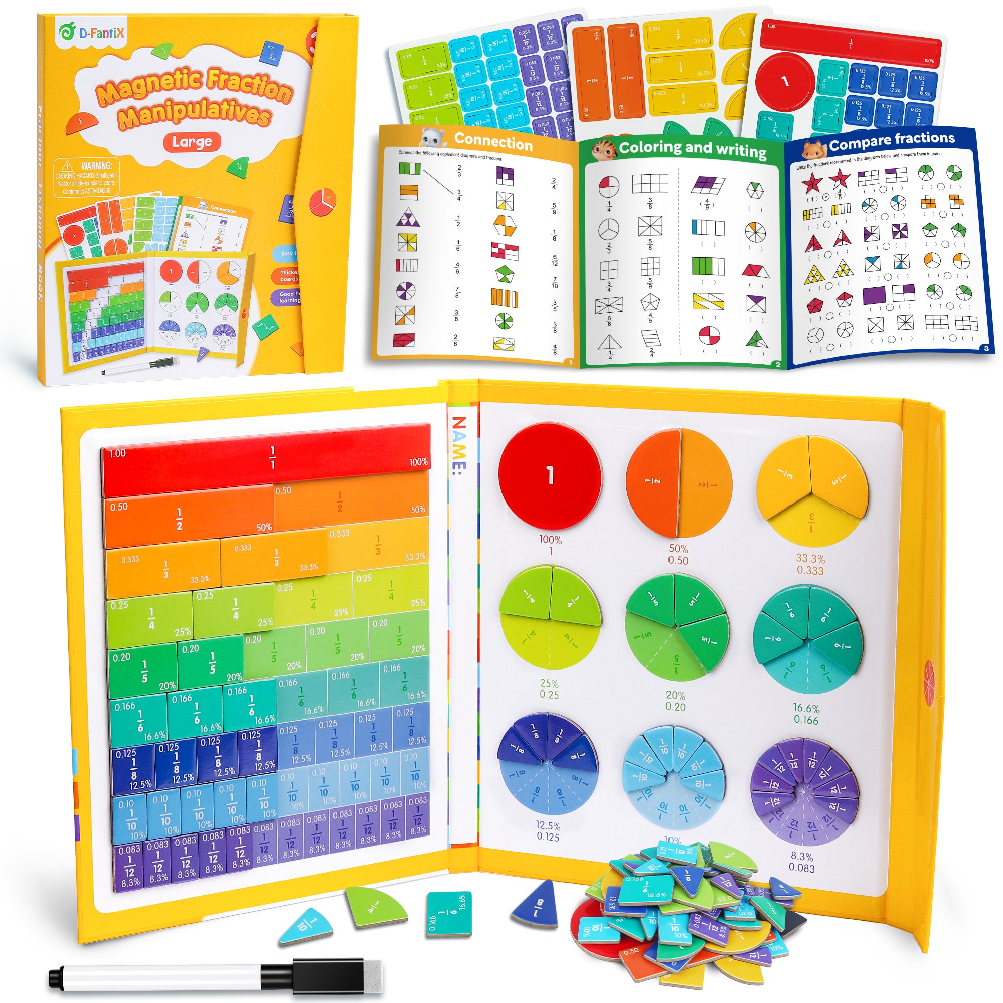 D-FantiX Large Magnetic Fraction Book, Magnetic Fraction Tiles & Fraction Circles Set with Dry Erase Activity Card