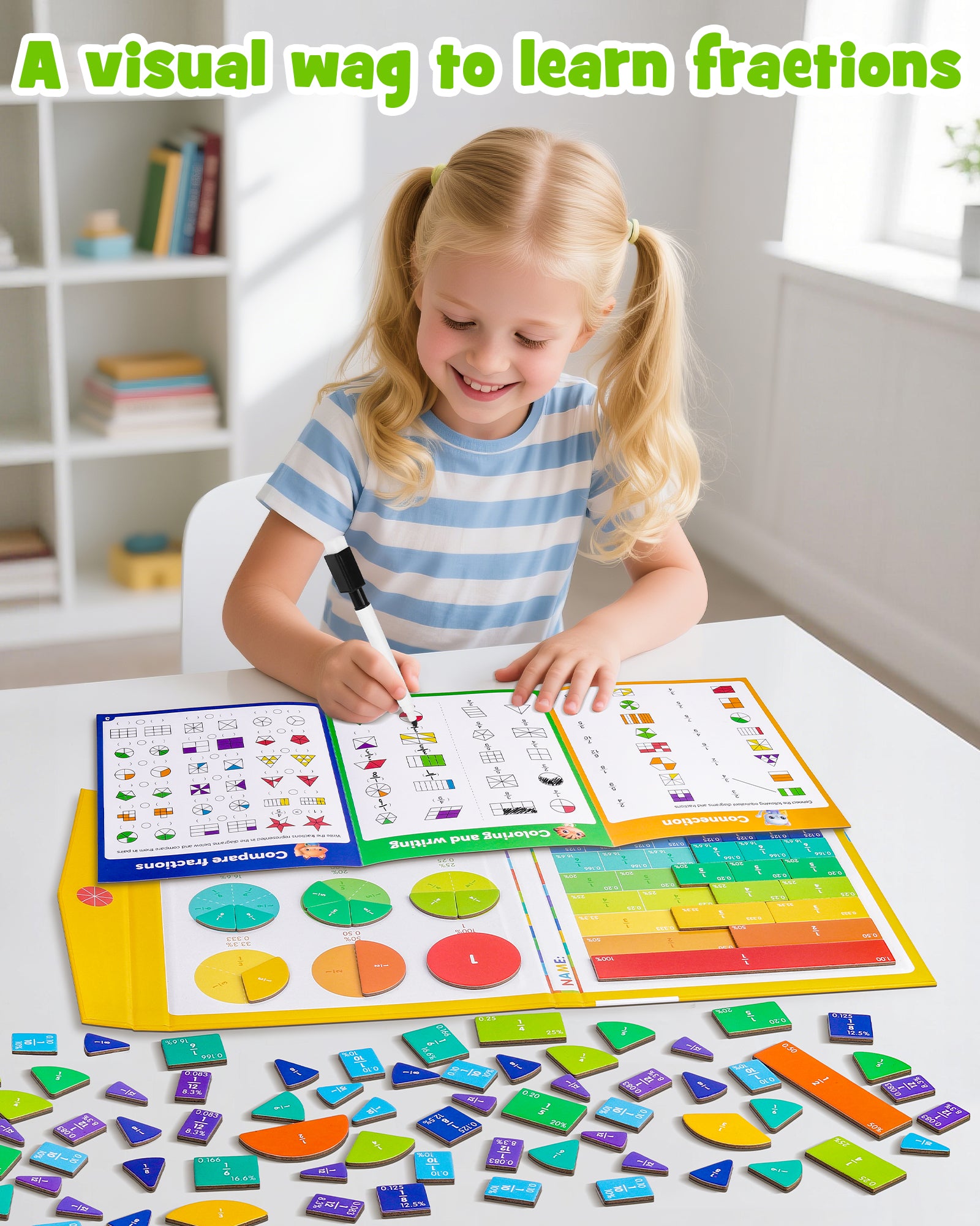 D-FantiX Large Magnetic Fraction Book, Magnetic Fraction Tiles & Fraction Circles Set with Dry Erase Activity Card