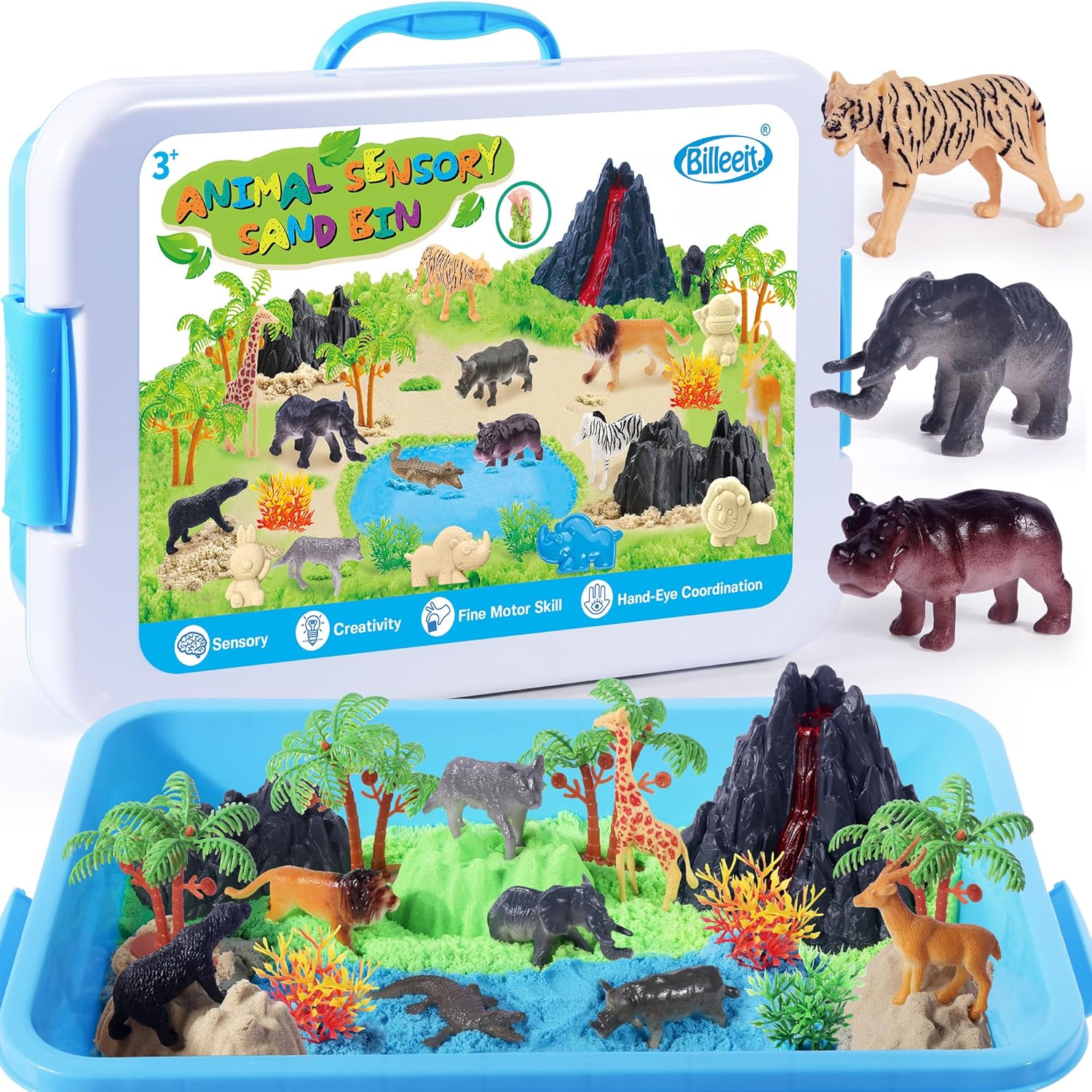 Billeeit Animal Sandbox Sensory Kit, 38PCS Set with 2.2lbs Magic Sand, Tools & Animal Figurines, Sand Toys for Kids Ages 3+