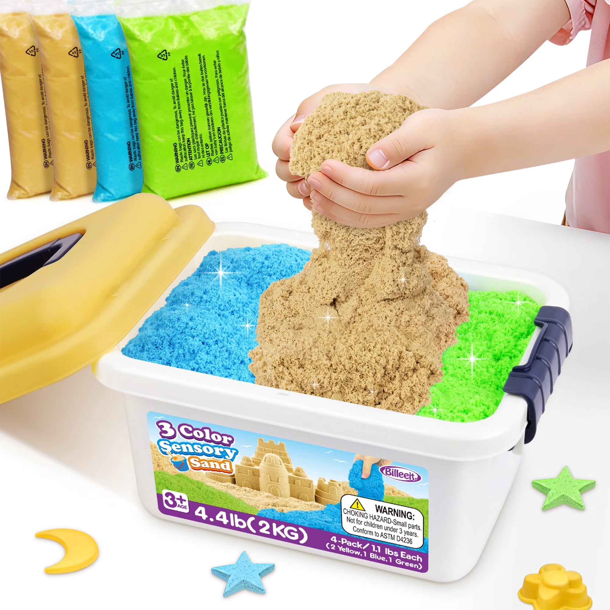 Billeeit 4.4 lbs Play Sand with Storage Sandbox, 4-Pack(2 Yellow, 1 Blue, 1 Green) Sensory Bin Refill Sand for Shaping, Molding, Self-Sticking Sand Sensory Toy for Kids 3+