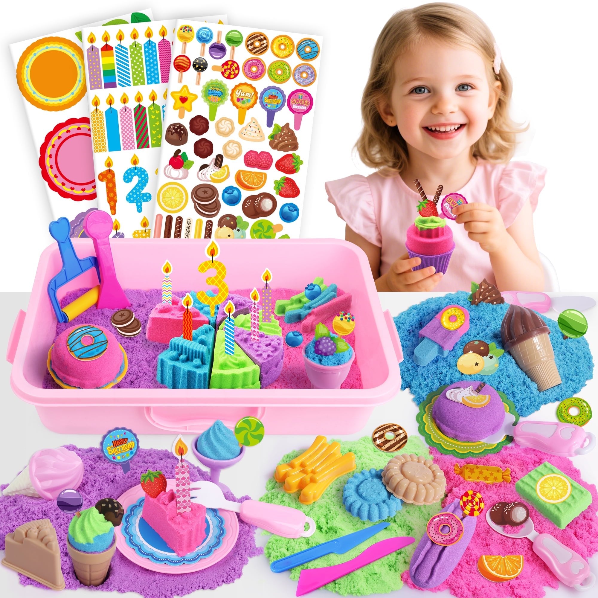 BILLEEIT Cake & Ice Cream Sensory Bin Sand Toy, Sensory Sand Kit with Lid, 4 Colors of Magic Sand (2.2 lbs), Molds & Tools – 43-Piece Set for Kids