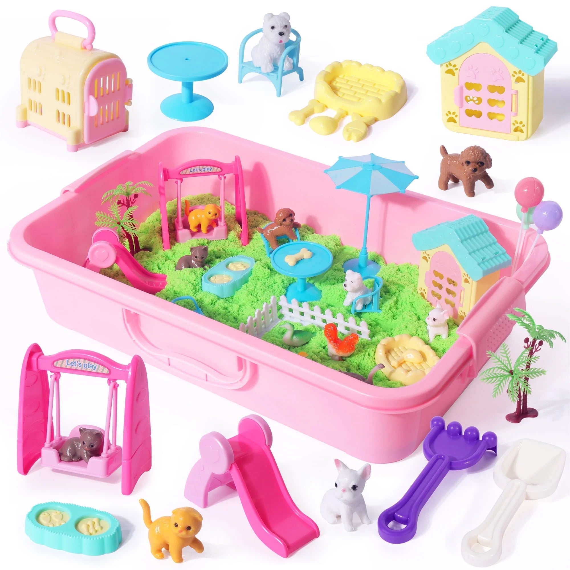 Billeeit Pet Sensory Bin Sand Toy (28 Pieces) – 2.2lbs Green Magic Sand with Dog & Cat-Themed Accessories, Sandbox Kit for Kids 3+