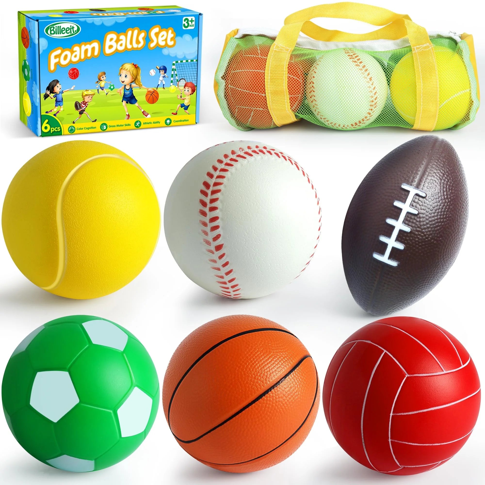Billeeit Soft Foam Ball Toys for Toddlers 1-3, Safe & Educational Baby Ball Set for Kids, Includes Soccer, Tennis, Basketball, Football, Baseball, Volleyball, Set of 6