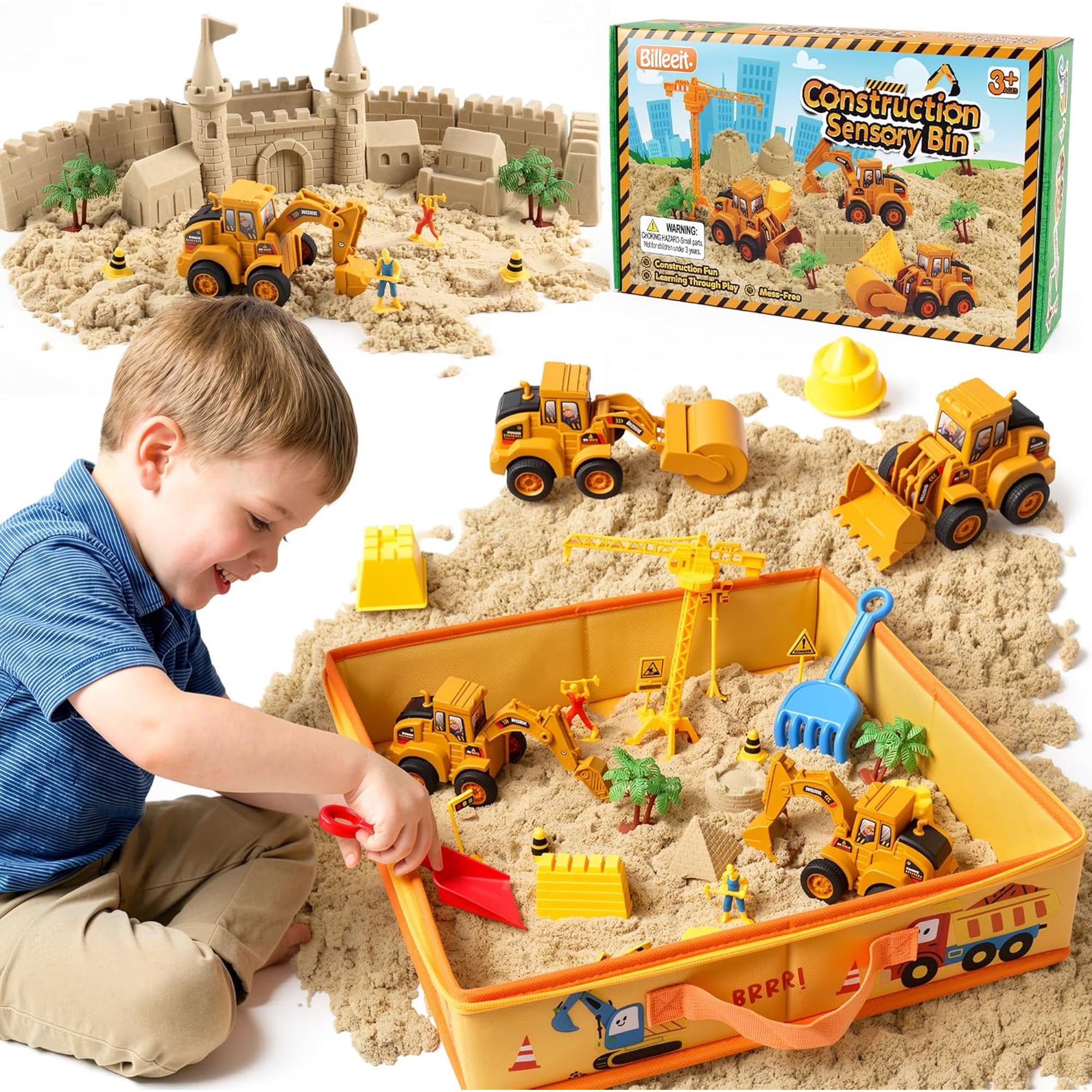 Billeeit Sand Construction Kit with 2.2lbs Play Sand, 15x15 in Large Sandbox, 4 Press to Go Trucks & DIY Stickers, Castle Molds, 32PCS Total Accessories, Creative Sand Play Set for Kids Ages 3+