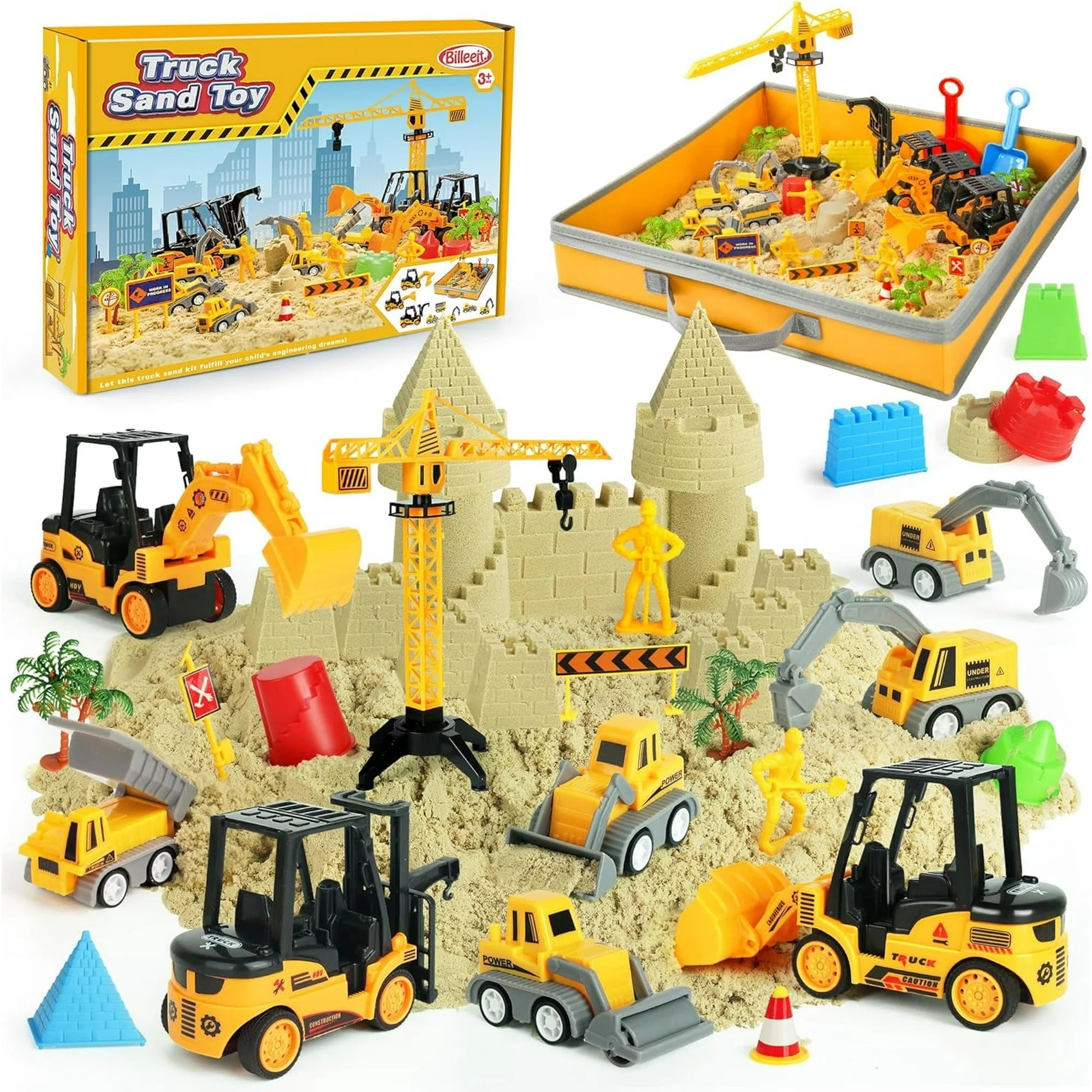 Billeeit Sand Construction Kit with A Big Foldable Sandbox and 2.2lbs Magic Sand, Truck Sand Construction Toys Including Castle Molds and Other Accessories 36Pcs Total, Play Sand Art Set for Kids 3+