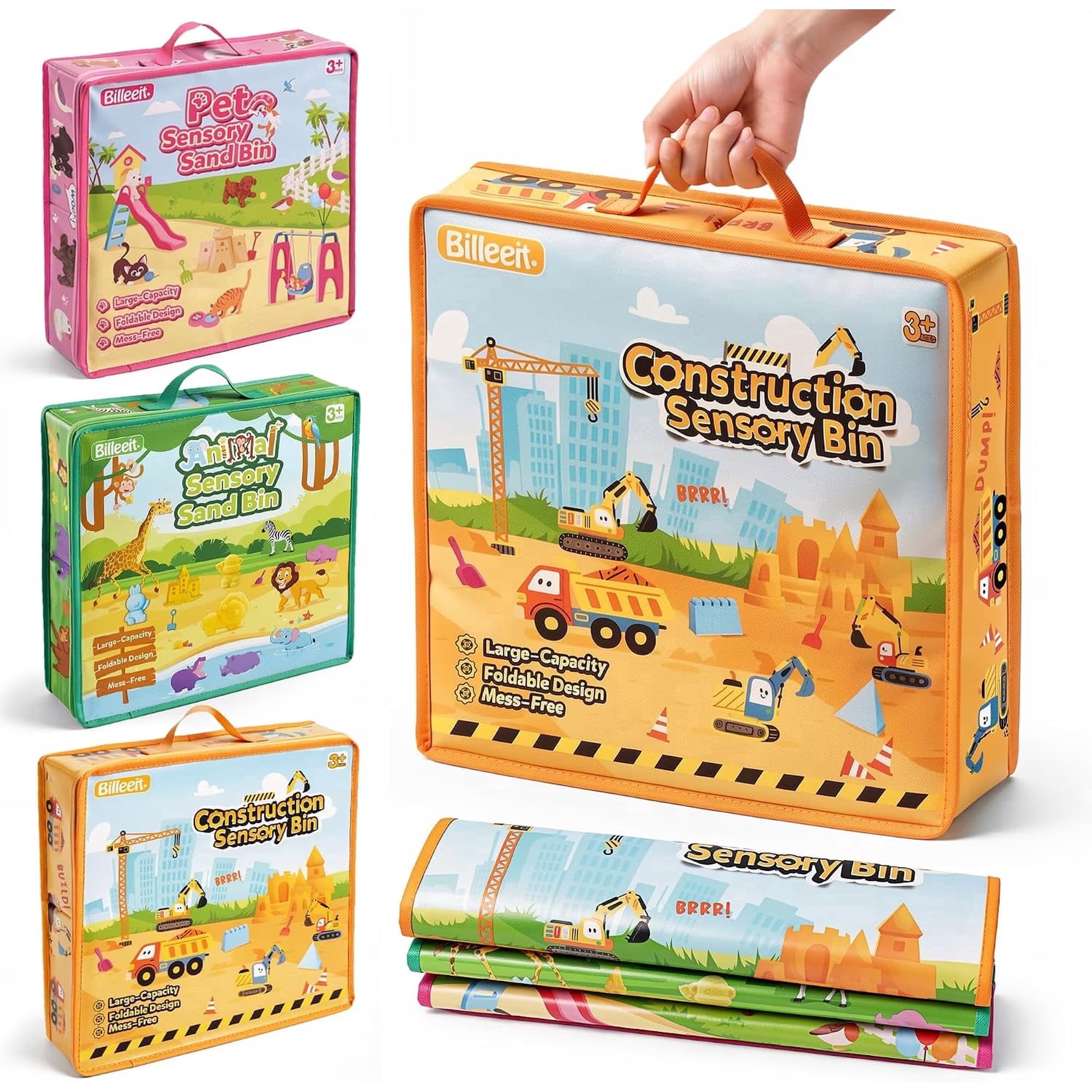 Billeeit 3 Pack Printed Foldable Sensory Bins with Zipper Lid & Carry Handle, 15 Inch Portable Stackable Sand Play Storage Bin for Kids 3+, Indoor Craft & Outdoor Beach Lawn Toy Container