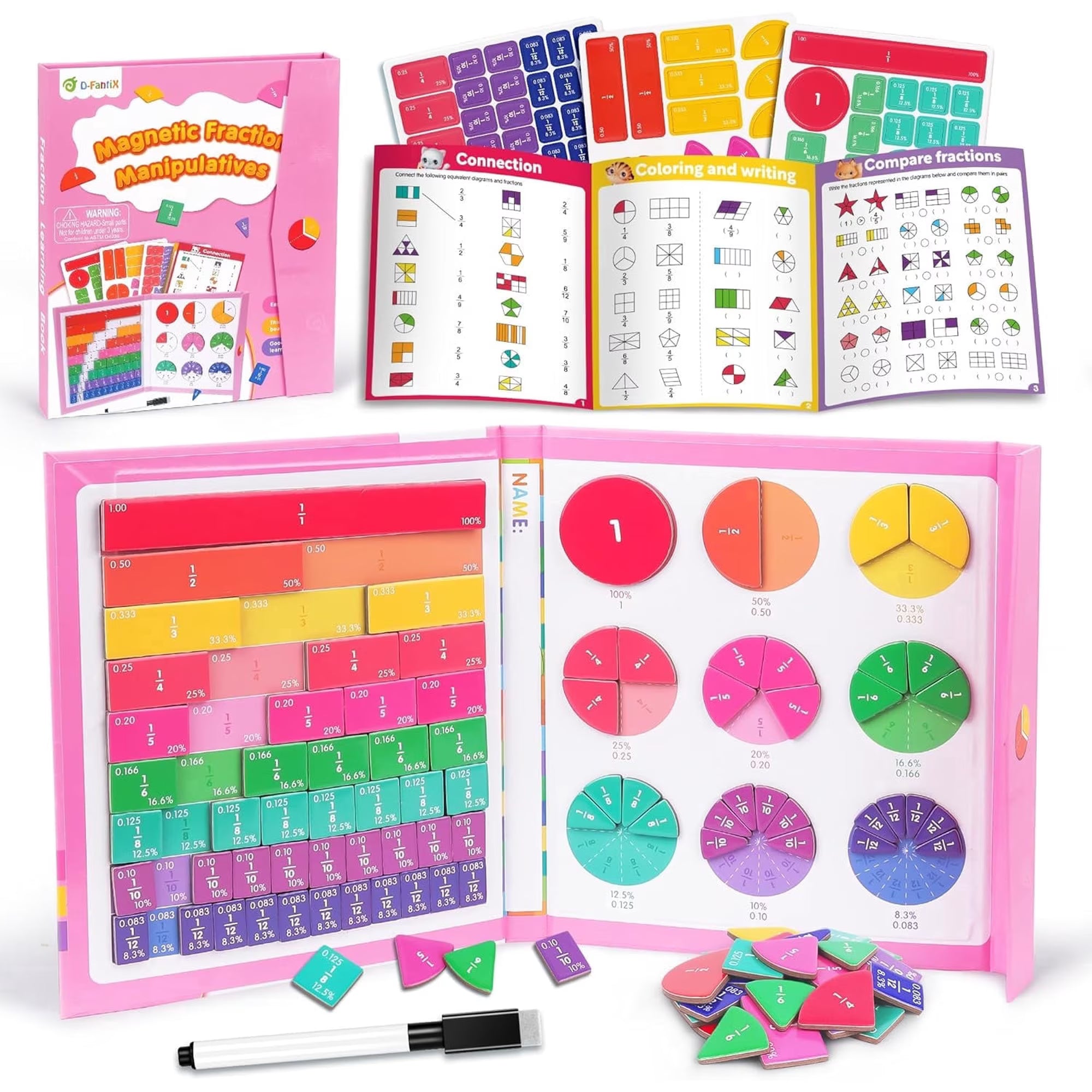 D-FantiX Magnetic Fraction Educational Puzzle for Kids Ages 3-8, Fraction Tiles & Circles Set, Math Manipulatives and Elementary Math Learning Games for Boys and Girls