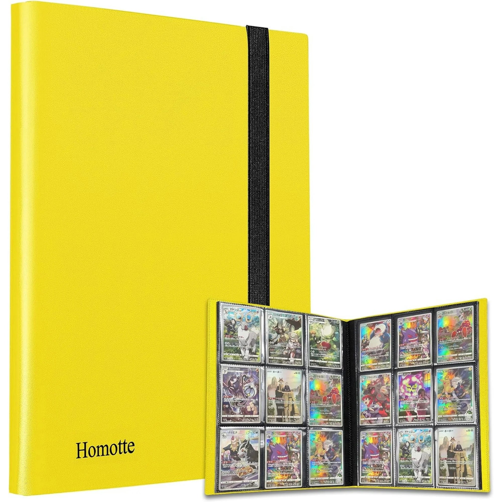 Homotte Trading Card Binder Compatible with Pokemon Cards, 9 Pockets Card Album Folder, 360 Ringless Side-Loading Game Cards Holder Book for TCG, Yellow