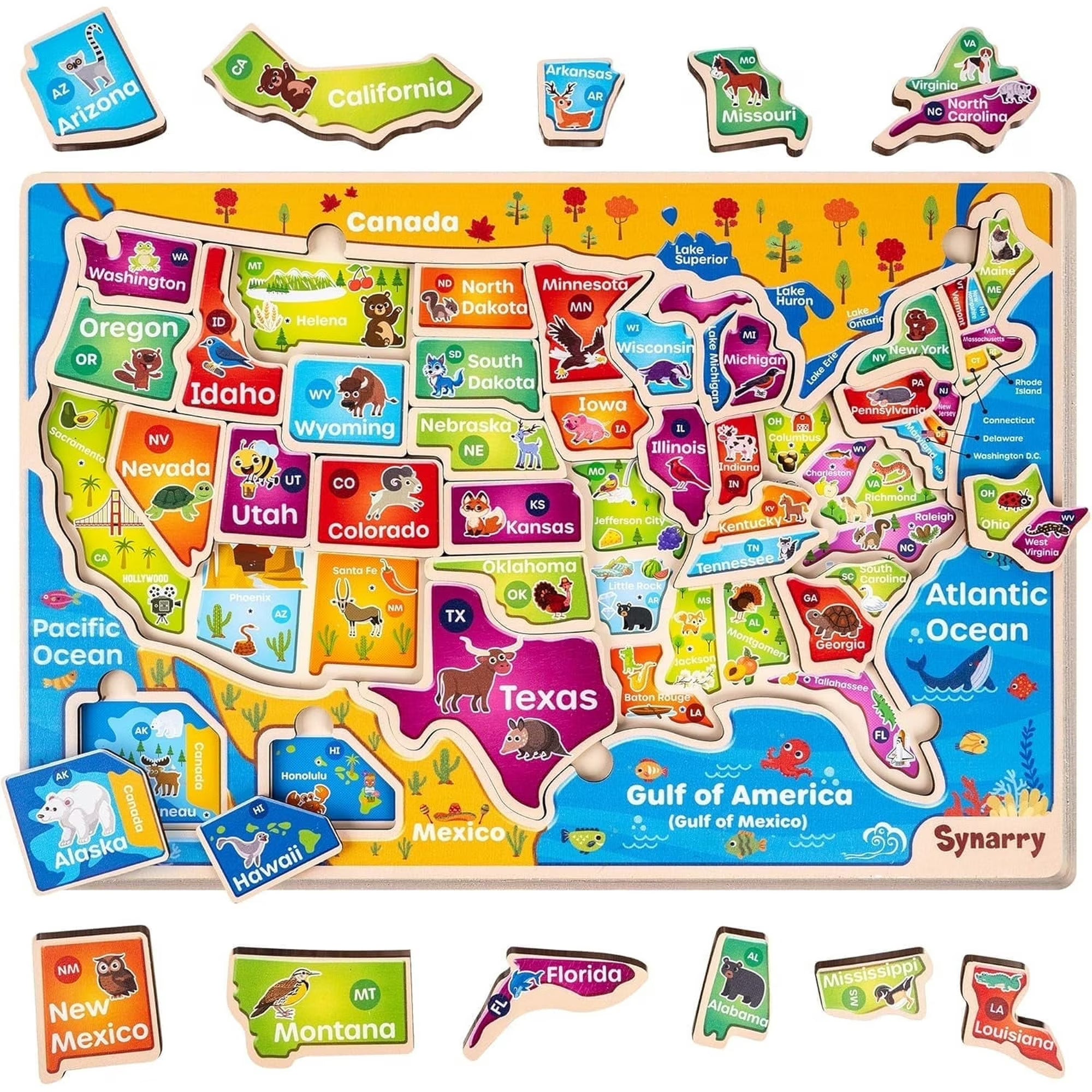 SYNARRY Large USA Map Wooden Puzzles for Kids Ages 3-8, FSC Certified Educational Jigsaw Puzzles, Educational Puzzles Games Toys Gifts for Boys Girls