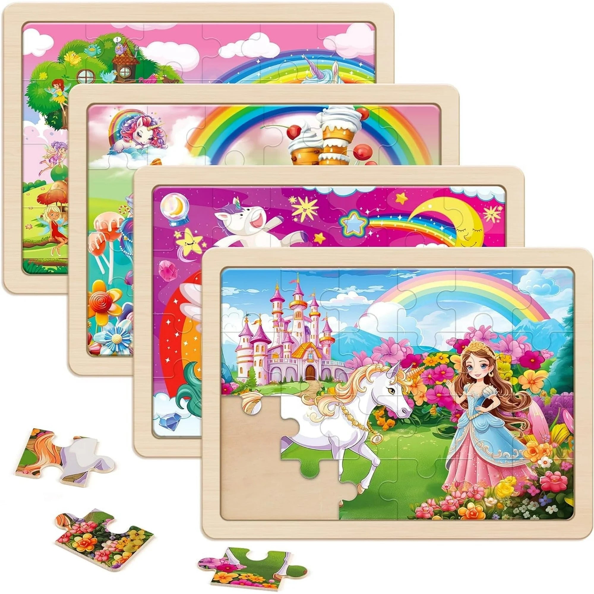 SYNARRY Large Wooden Unicorn Princess Fairy Puzzles for Kids 4-in-1 Gift Box(Each 24 pcs), FSC Certified, Educational Jigsaw Puzzle for Preschool Kids Ages 3-6, Wooden Puzzles for Girls Ages 3-8