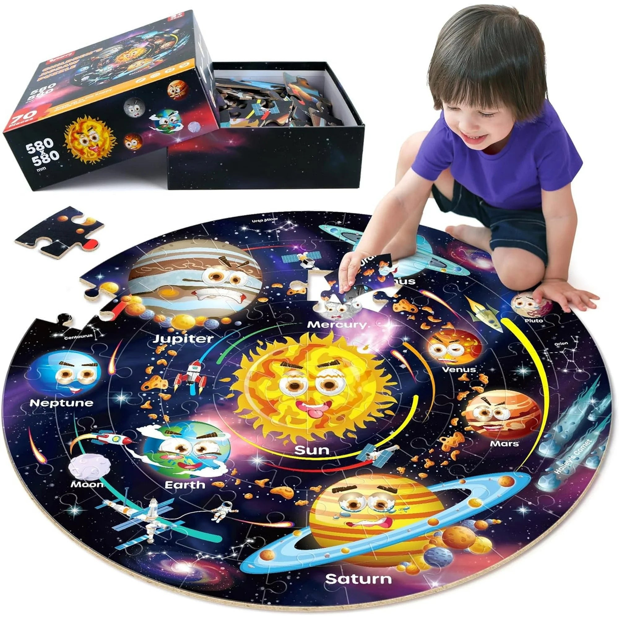 SYNARRY Solar System Floor Puzzles for Kids Ages 4-8, Large 70 Piece Jigsaw Puzzles for Kids Ages 4-6, Space Planet Astronaut Toys Gifts Puzzles for 3-5 5-7 8-10 Years Old Toddlers Boys Girls