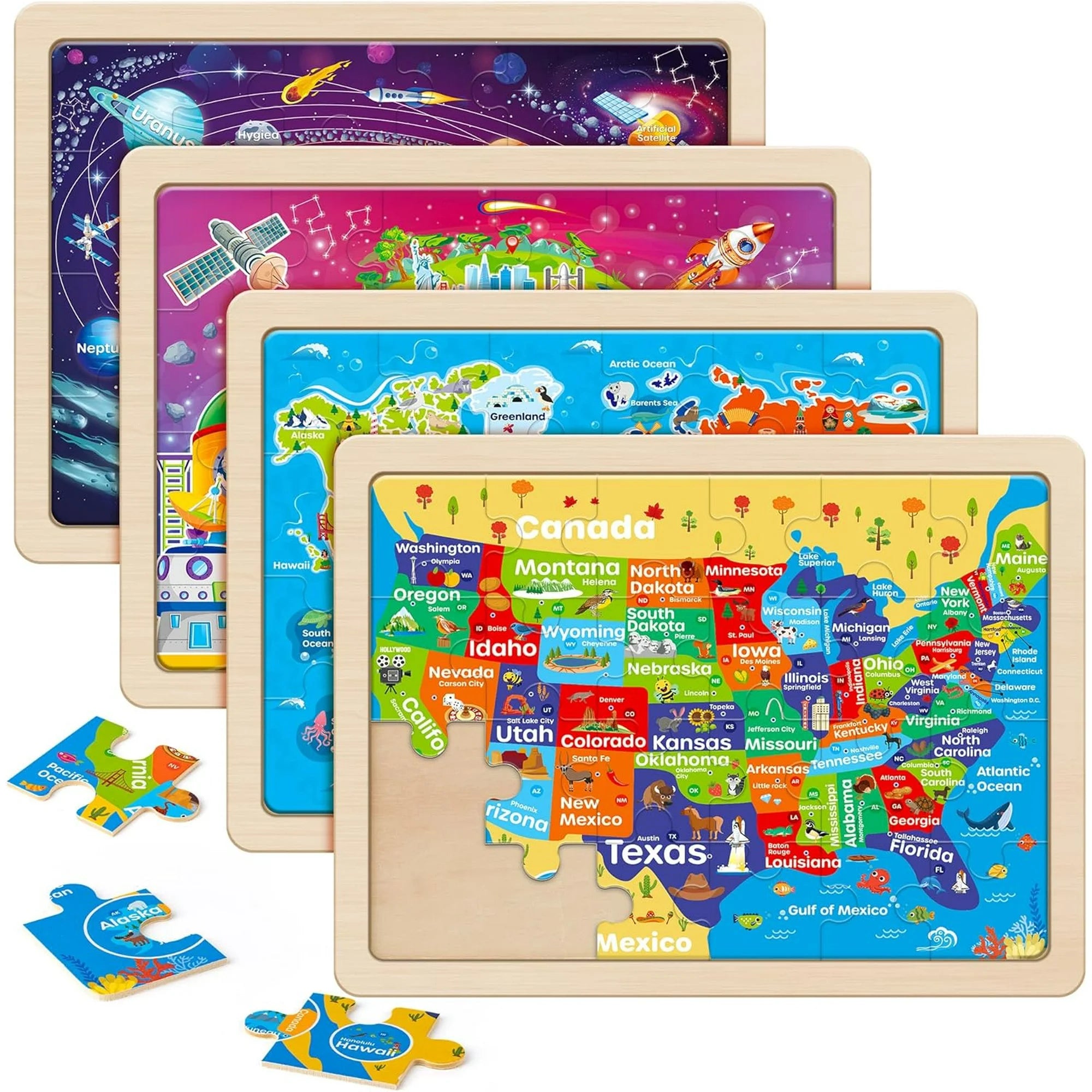 SYNARRY US World Earth Solar System Wooden Puzzles for Kids Ages 3-8, 4 Packs 24 PCs Map Wood Jigsaw Puzzles, FSC Certified, Educational Puzzle for Preschool Kids, Wooden Puzzles for Boys and Girls