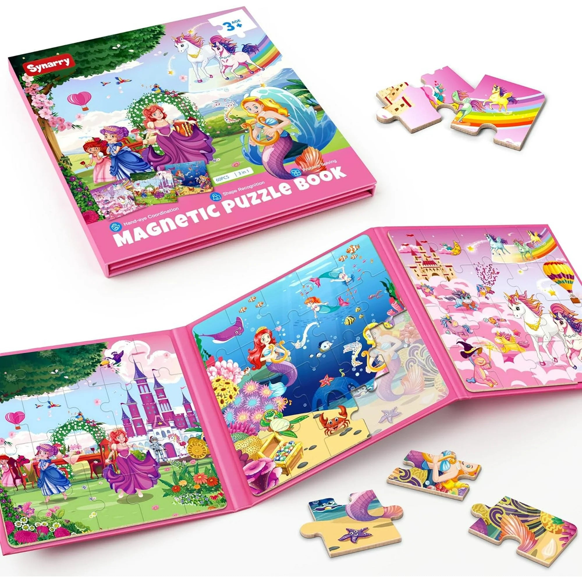 SYNARRY Unicorn Mermaid Princess Magnetic Puzzles for Toddlers 3-5 Girls, 20 Pieces Travel Puzzles for Kids Ages 4-6, Car Airplane Road Trip Activities Toys for 3 4 5 6 Year Old Girls Birthday Gifts