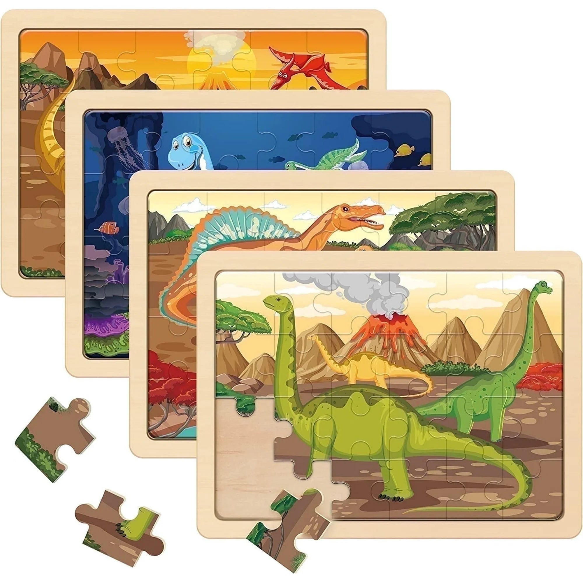 SYNARRY Wooden Dinosaur Puzzles for Kids Ages 3-8, 4-in-1 Jigsaw Puzzle Set, 24 Pieces Each, FSC Certified Educational Gifts for Boys & Girls Ages 3 4 5 6 7 8