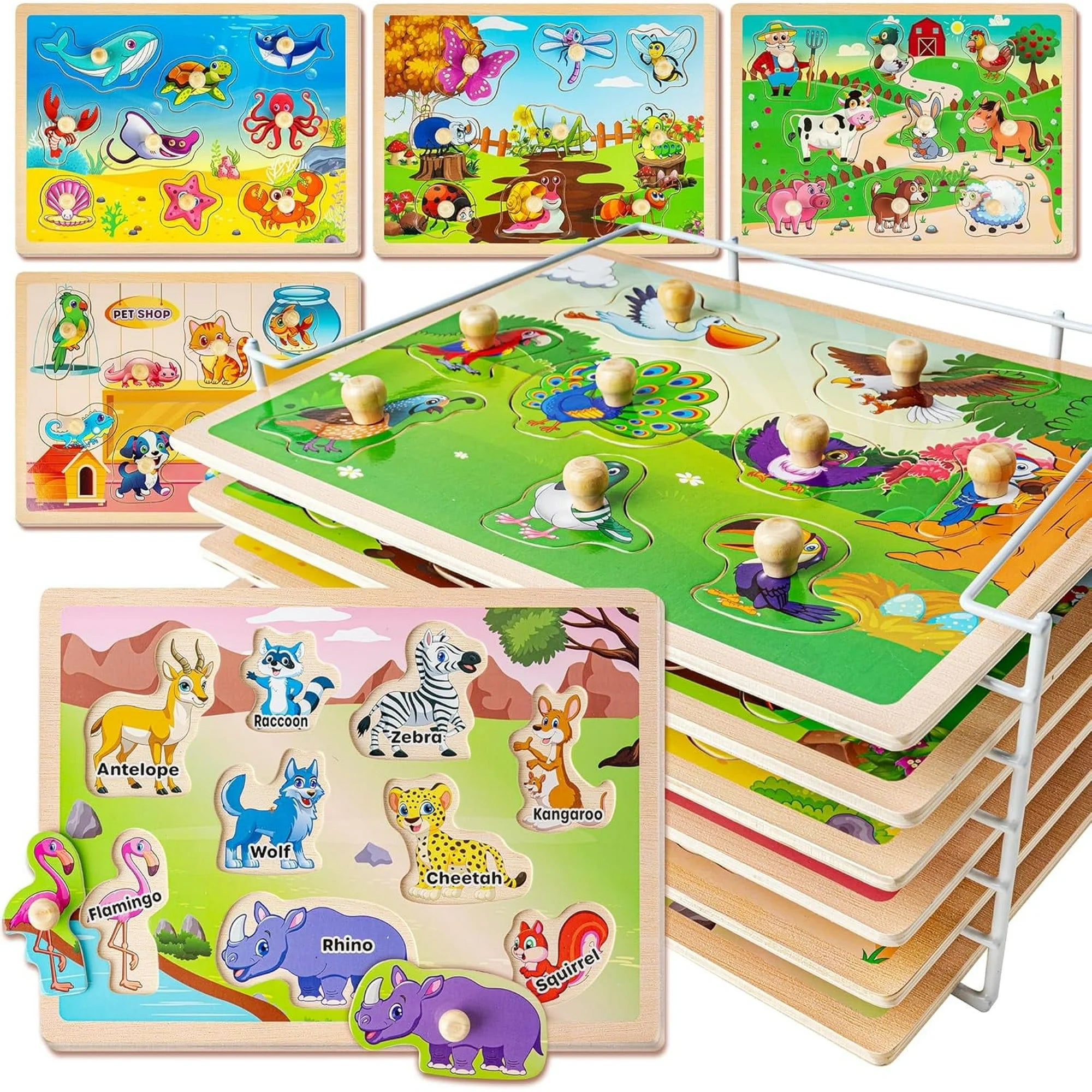 SYNARRY Wooden Puzzles for Toddlers Ages 1–4, 6-Pack Puzzle Set with Rack, Educational Toys Gifts for Boys and Girls
