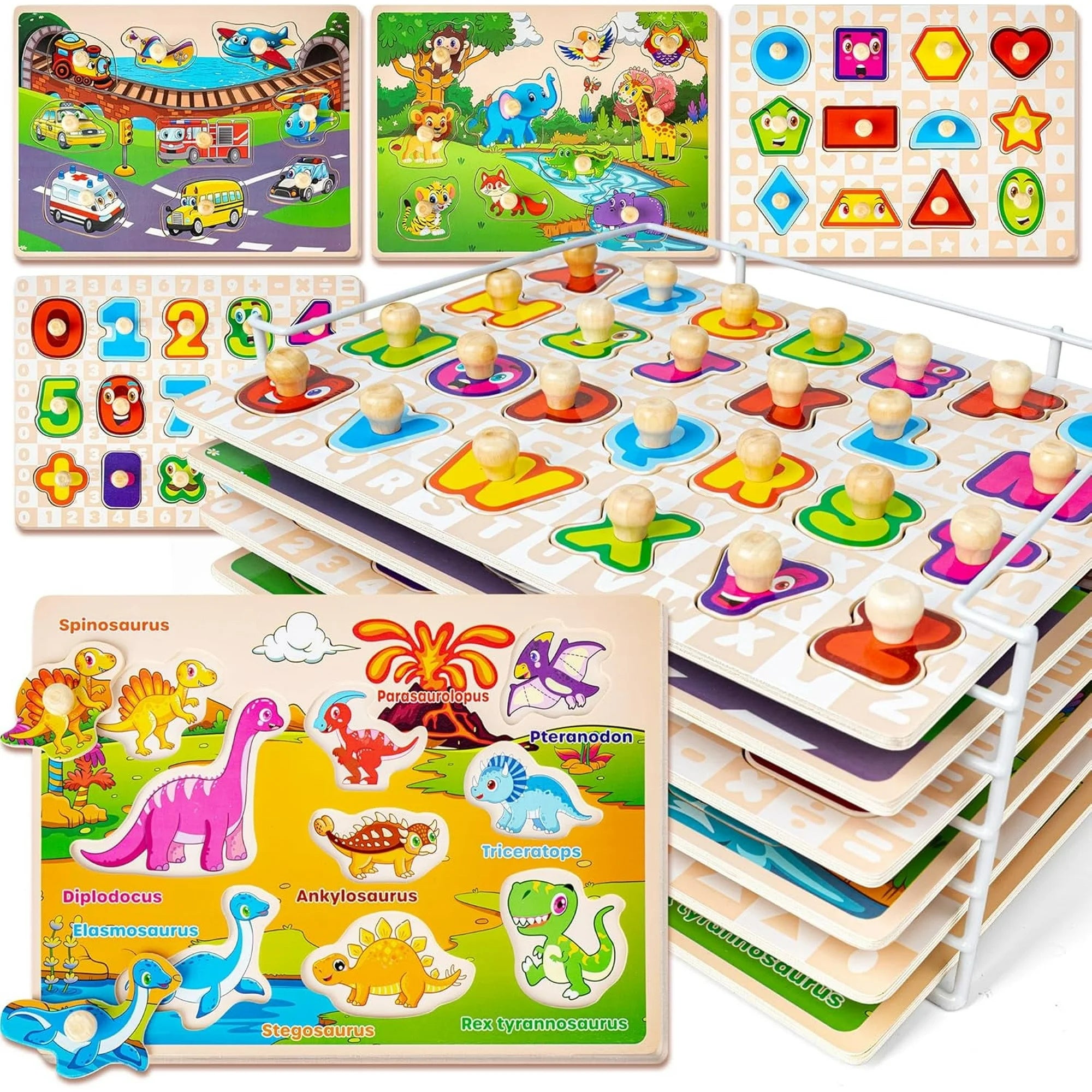 SYNARRY Wooden Puzzles for Toddlers 1-3, 6-Piece Puzzle Set for Toddlers 2-4 with Rack, Learning Alphabet Number Shape Animal Dinosaur Vehicle, Educational Toys Gifts for 2 3 Year Old Boys Girls