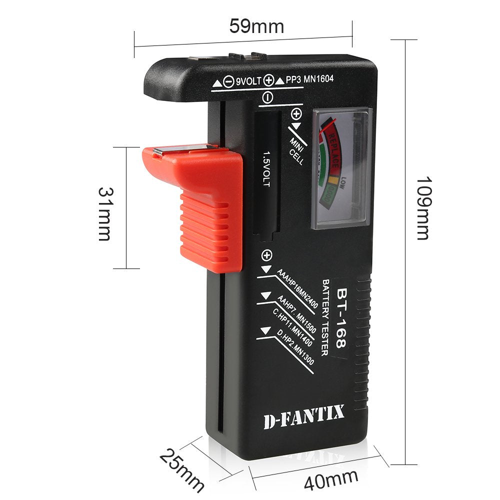 D-FantiX Battery Tester, Universal Battery Checker for AAA AA C D 9V 1.5V Button Cell Household Batteries Model BT-168