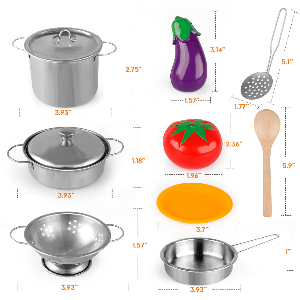 D-FantiX Pretend Play Toy Kitchen Accessories Kids Stainless Steel Cooking Pots and Pans Set