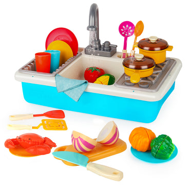 D-FantiX Play Kitchen Sink Pretend Toy Sink with Running Water Dishwasher with Cooking Stove