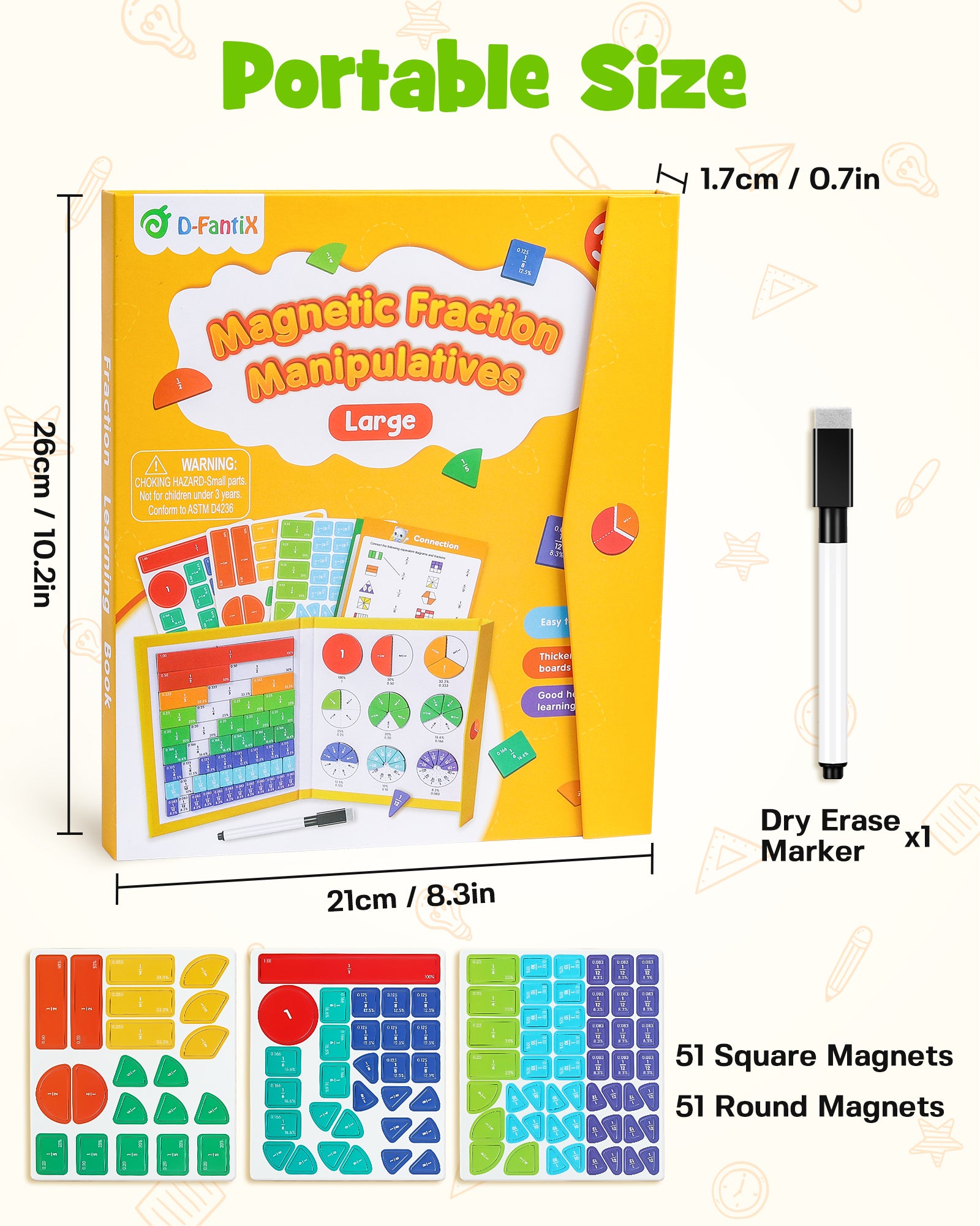 D-FantiX Large Magnetic Fraction Book, Magnetic Fraction Tiles & Fraction Circles Set with Dry Erase Activity Card