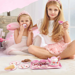 D-FantiX 15Pcs Pink Tin Tea Party Kids Tea Set
