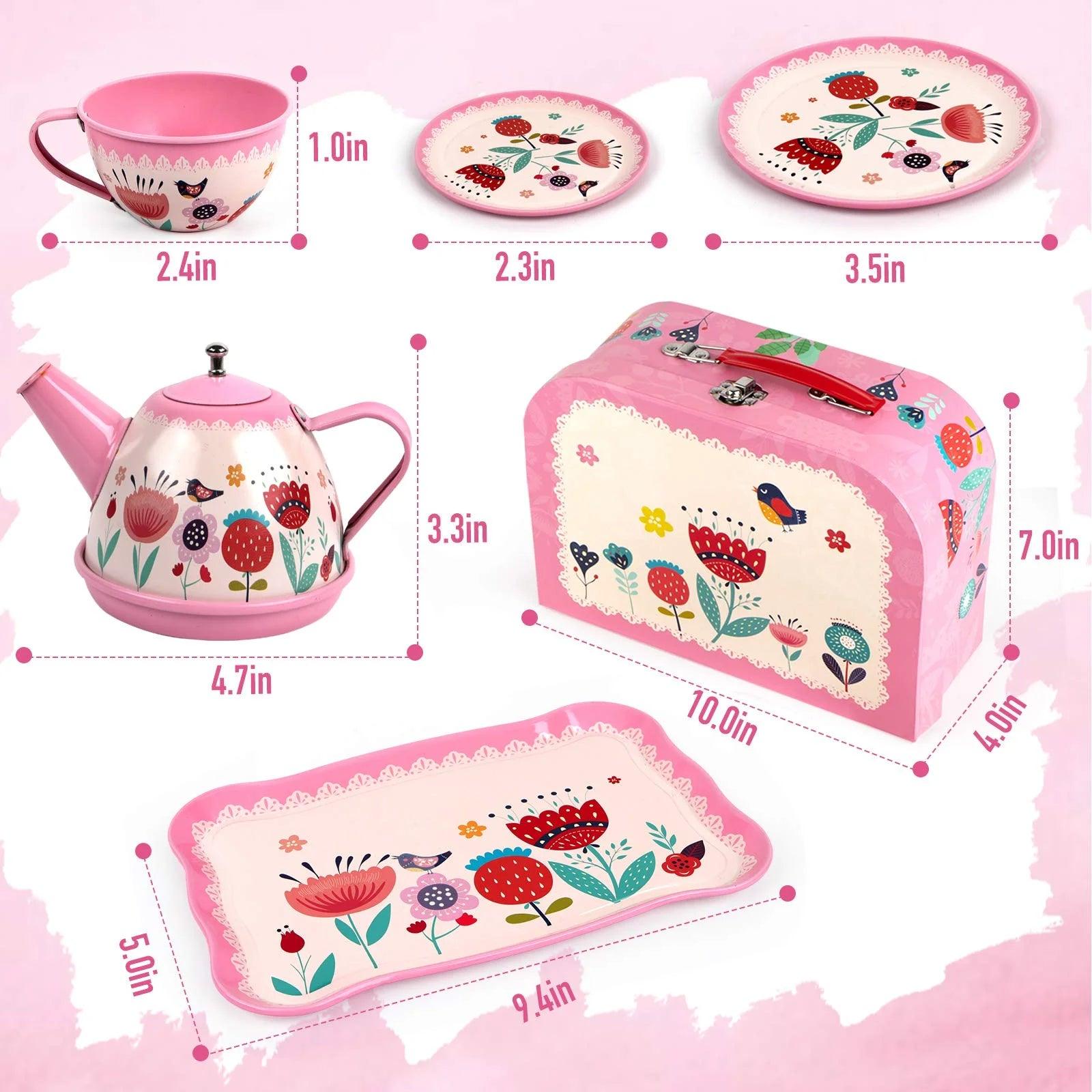 D-FantiX 15Pcs Pink Tin Tea Party Kids Tea Set