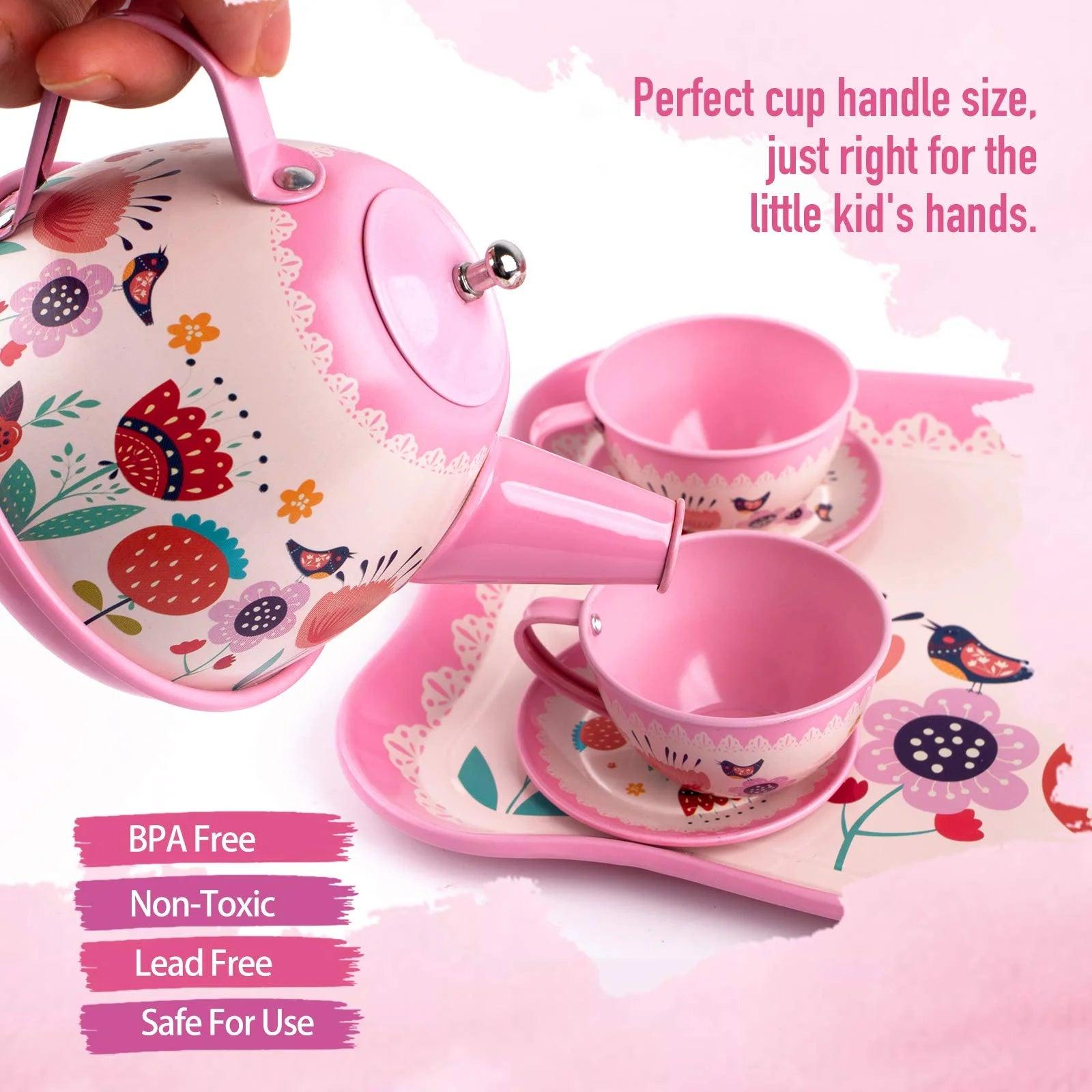 D-FantiX 15Pcs Pink Tin Tea Party Kids Tea Set