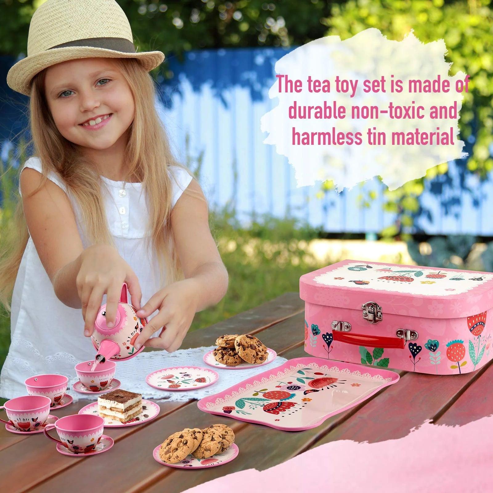 D-FantiX 15Pcs Pink Tin Tea Party Kids Tea Set