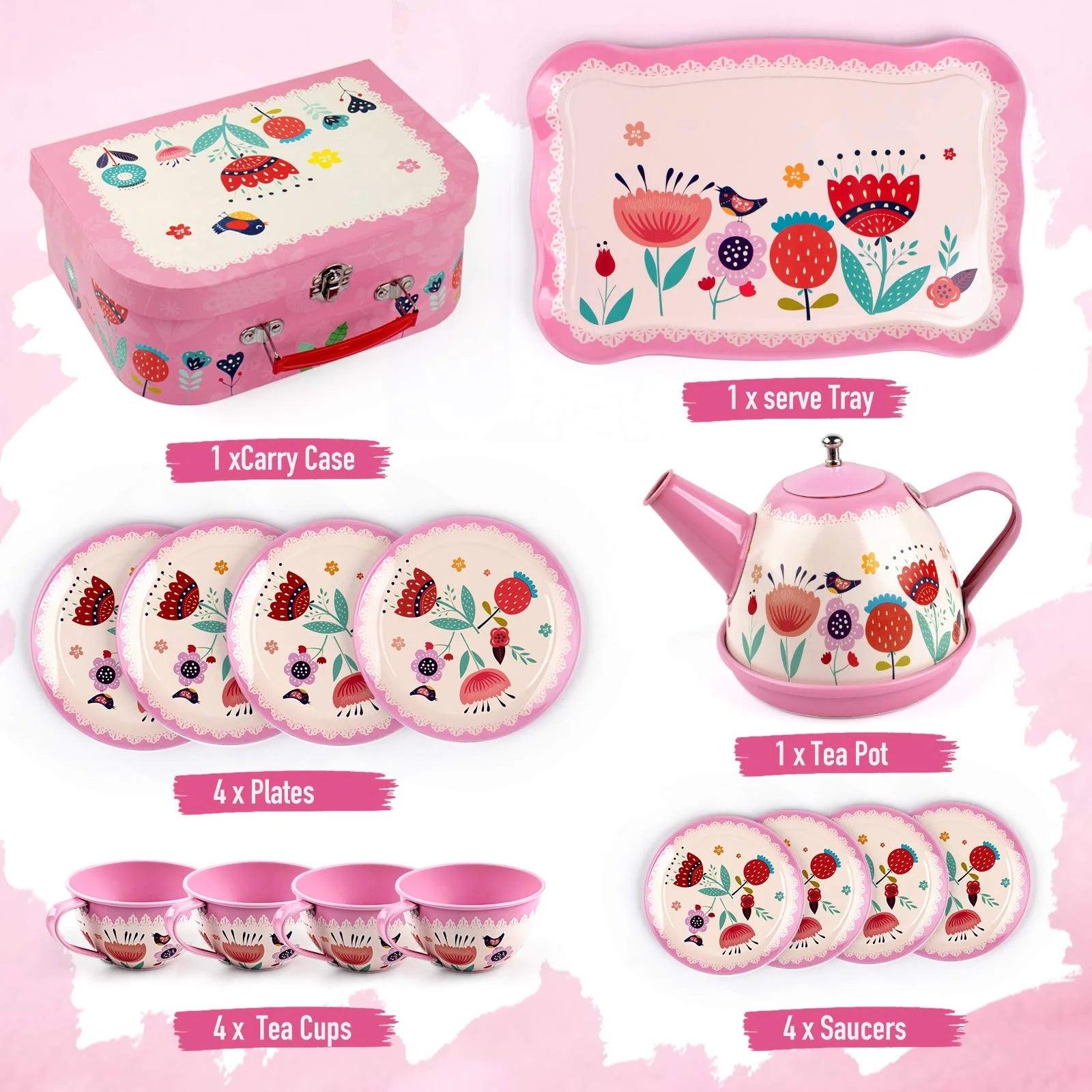 D-FantiX 15Pcs Pink Tin Tea Party Kids Tea Set