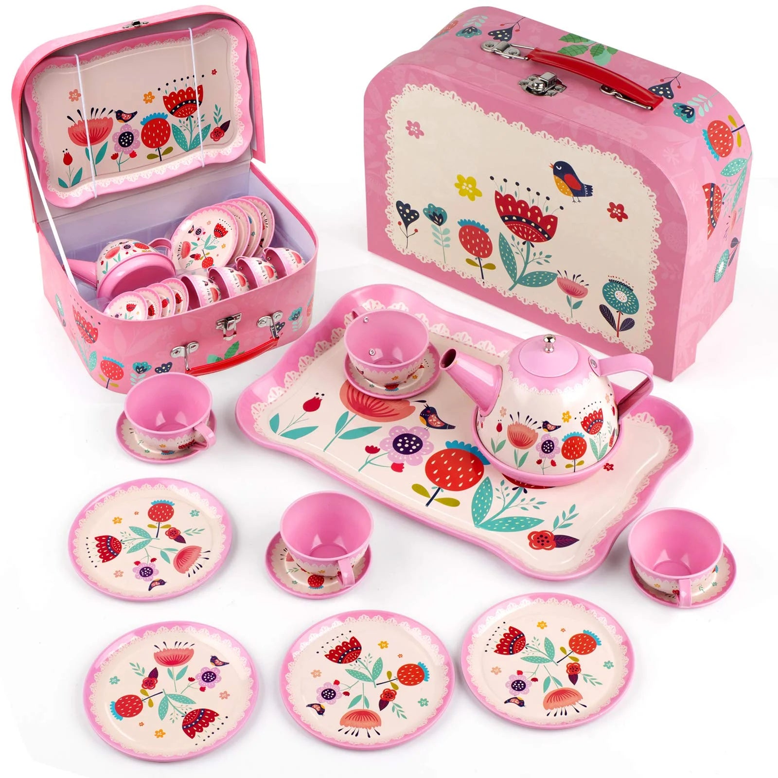 D-FantiX 15Pcs Pink Tin Tea Party Kids Tea Set