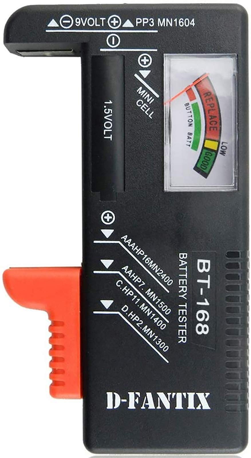 D-FantiX Battery Tester, Universal Battery Checker for AAA AA C D 9V 1.5V Button Cell Household Batteries Model BT-168