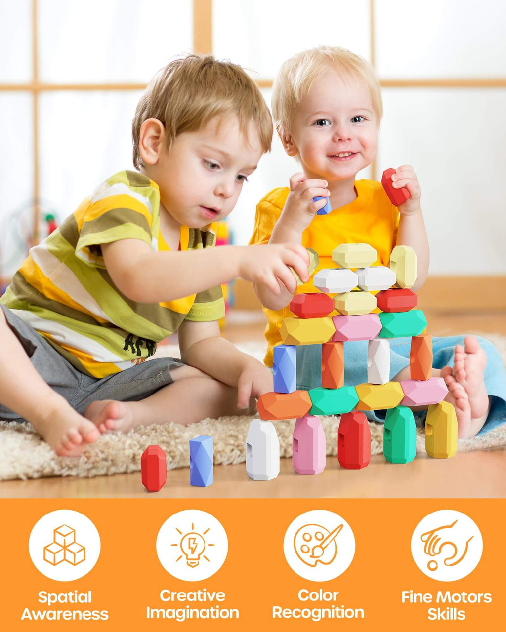 Plastic Toy Rocks 39 PCS Silicone Sorting Stacking Rocks Stones Montessori Toys