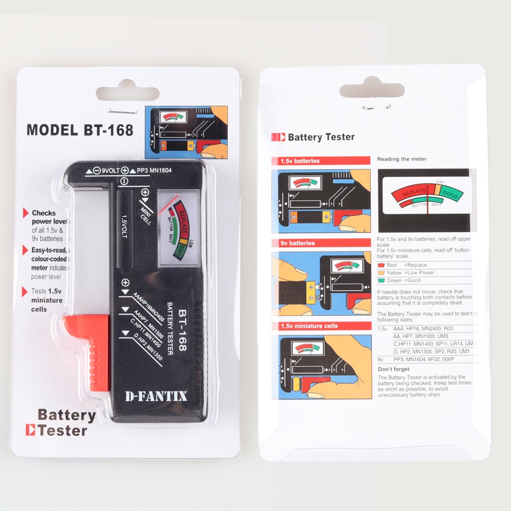 D-FantiX Battery Tester, Universal Battery Checker for AAA AA C D 9V 1.5V Button Cell Household Batteries Model BT-168