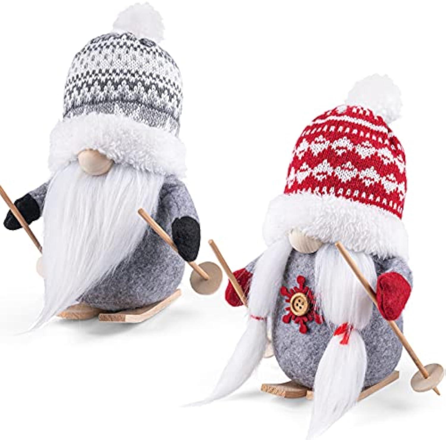 2Pack Sled Christmas Gnomes Plush with Wood Skis and Ski Poles