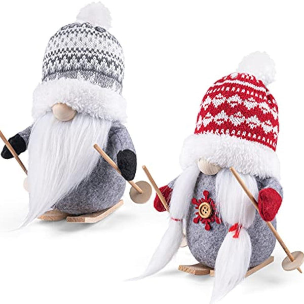 2Pack Sled Christmas Gnomes Plush with Wood Skis and Ski Poles
