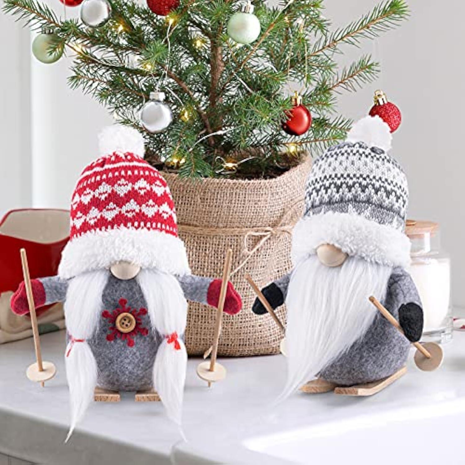2Pack Sled Christmas Gnomes Plush with Wood Skis and Ski Poles