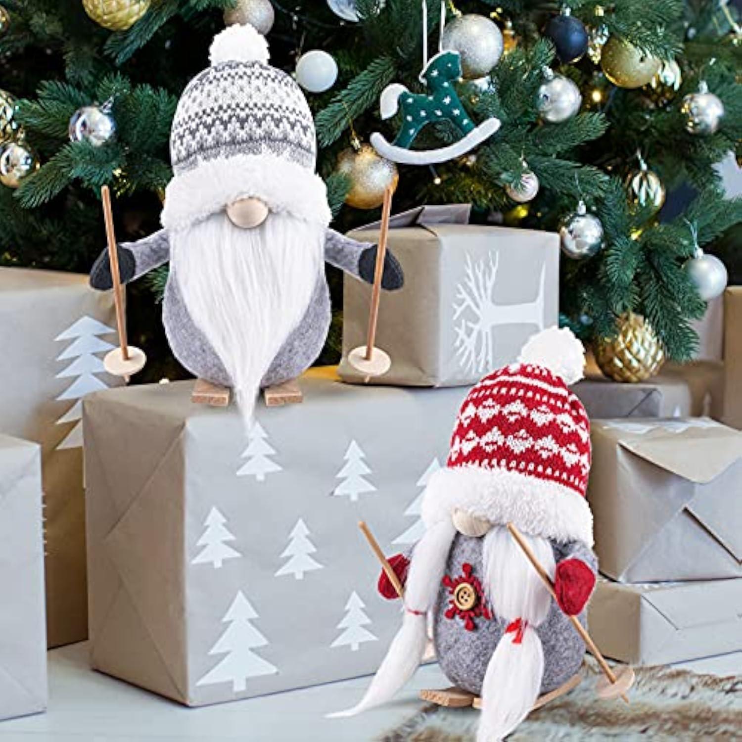 2Pack Sled Christmas Gnomes Plush with Wood Skis and Ski Poles