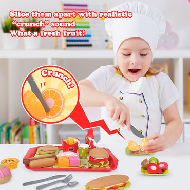 D-FantiX 48Pcs Pretend Play Food Sets for Kids Kitchen,Kids Kitchen Toy Food, Kids Play Fake Fast Food Toys Set Burger Sandwich Hot Dog French Fries Cutting Fruits with Tray for Toddlers Boys Girls