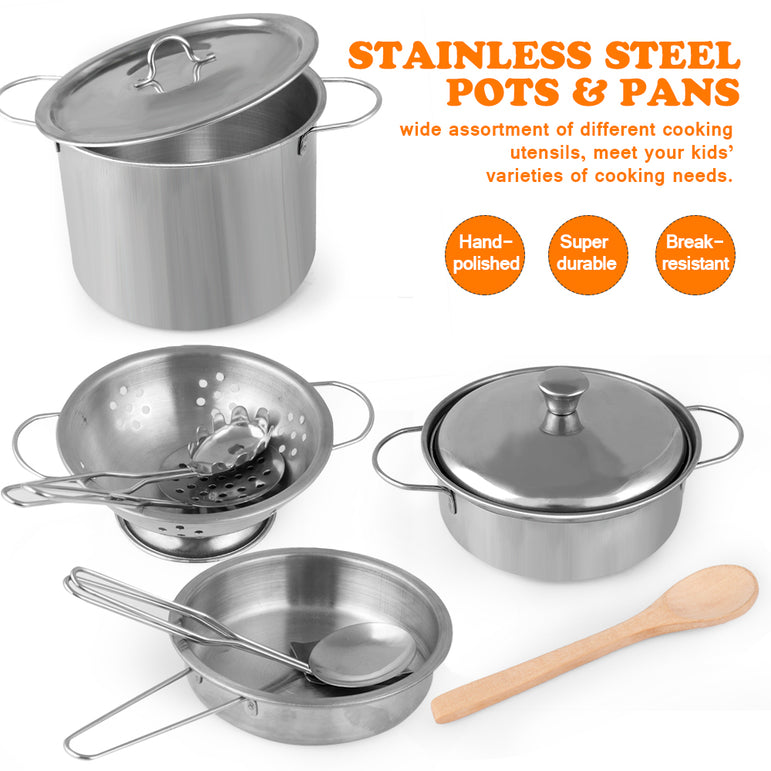 D-FantiX Pretend Play Toy Kitchen Accessories Kids Stainless Steel Cooking Pots and Pans Set