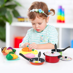 D-FantiX Kids Play Kitchen Accessories Set, 24 Pcs Toddlers Tin Pots and Pans Playset Pretend Cooking Toys, Cookware Utensils Cutting Vegetables for Boys Girls Age 3 4 5 6 7 Years Old Children