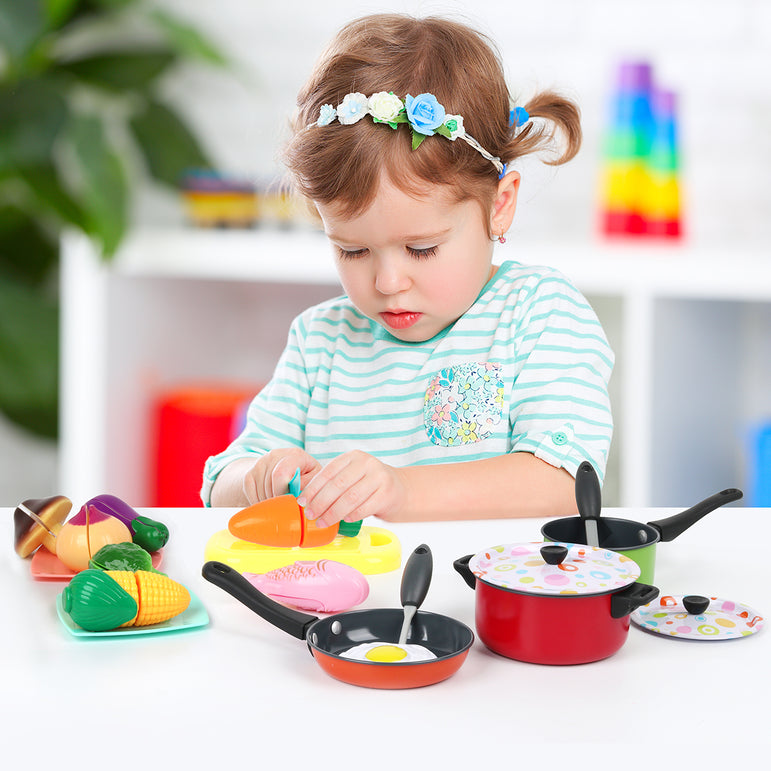 D-FantiX Kids Play Kitchen Accessories Set, 24 Pcs Toddlers Tin Pots and Pans Playset Pretend Cooking Toys, Cookware Utensils Cutting Vegetables for Boys Girls Age 3 4 5 6 7 Years Old Children