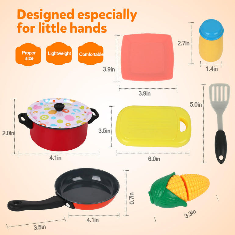 D-FantiX Kids Play Kitchen Accessories Set, 24 Pcs Toddlers Tin Pots and Pans Playset Pretend Cooking Toys, Cookware Utensils Cutting Vegetables for Boys Girls Age 3 4 5 6 7 Years Old Children