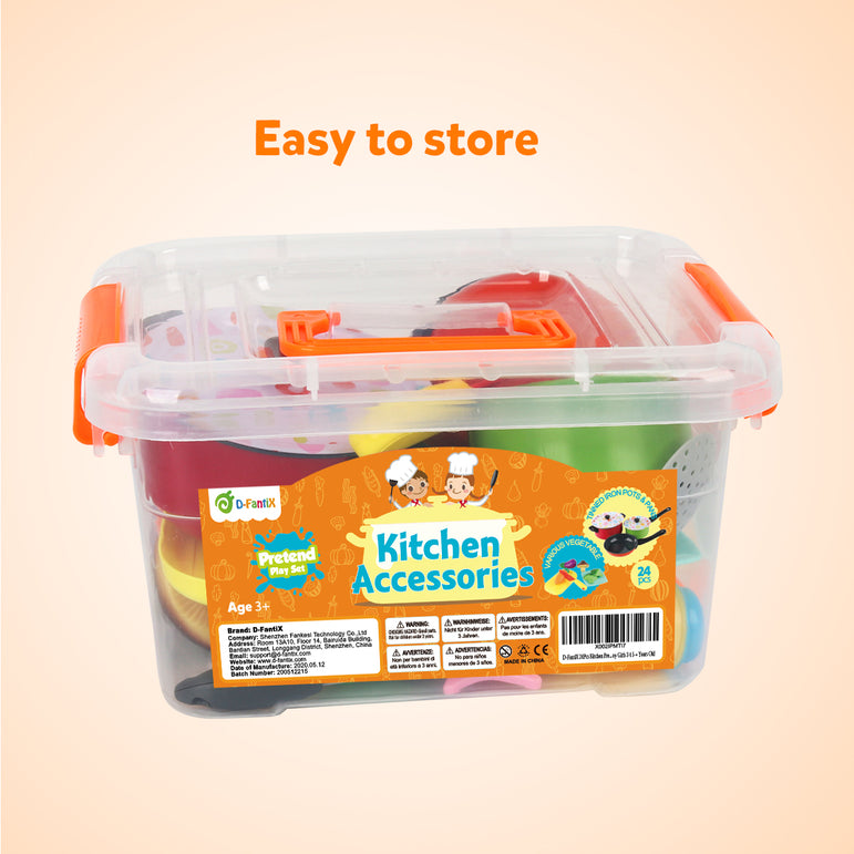 D-FantiX Kids Play Kitchen Accessories Set, 24 Pcs Toddlers Tin Pots and Pans Playset Pretend Cooking Toys, Cookware Utensils Cutting Vegetables for Boys Girls Age 3 4 5 6 7 Years Old Children