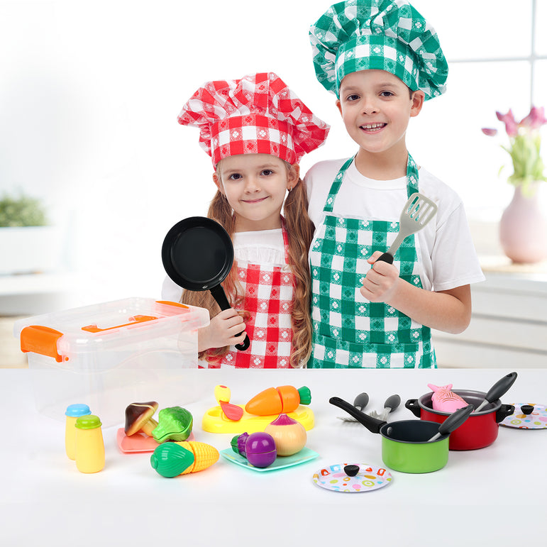 D-FantiX Kids Play Kitchen Accessories Set, 24 Pcs Toddlers Tin Pots and Pans Playset Pretend Cooking Toys, Cookware Utensils Cutting Vegetables for Boys Girls Age 3 4 5 6 7 Years Old Children