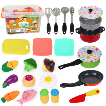 D-FantiX Kids Play Kitchen Accessories Set, 24 Pcs Toddlers Tin Pots and Pans Playset Pretend Cooking Toys, Cookware Utensils Cutting Vegetables for Boys Girls Age 3 4 5 6 7 Years Old Children