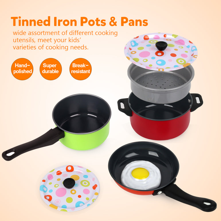 D-FantiX Kids Play Kitchen Accessories Set, 24 Pcs Toddlers Tin Pots and Pans Playset Pretend Cooking Toys, Cookware Utensils Cutting Vegetables for Boys Girls Age 3 4 5 6 7 Years Old Children