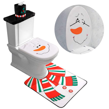 D-FantiX 4-Piece Snowman Santa Bathroom Toilet Seat Cover and Rug Set Christmas Decorations
