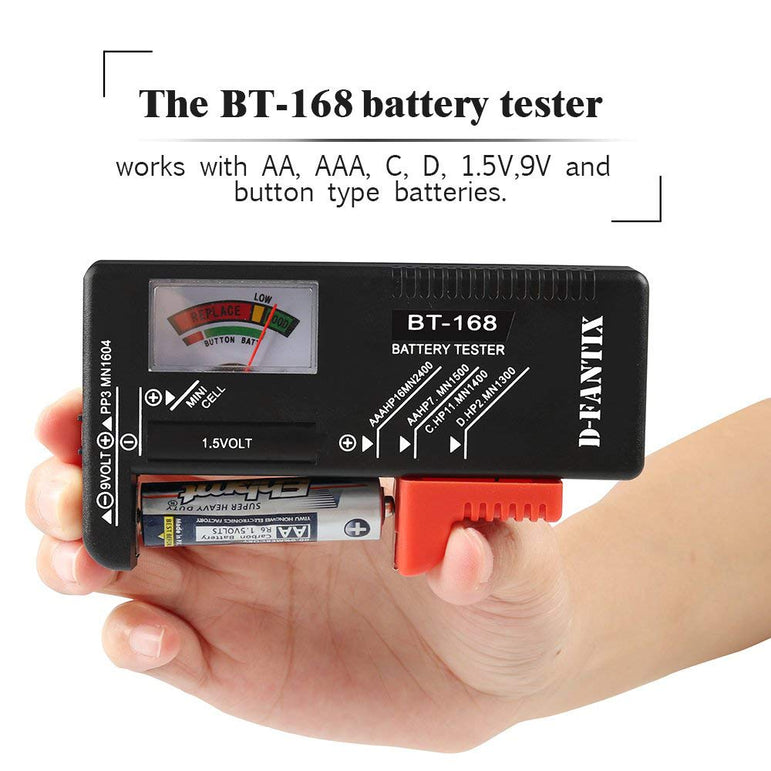 D-FantiX Battery Tester, Universal Battery Checker Small Battery Testers for AAA AA C D 9V 1.5V Button Cell Household Batteries Model BT-168