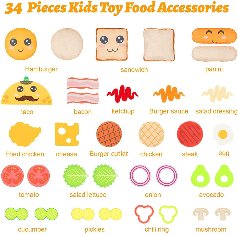 D-FantiX 34Pcs Play Food Sets for Kids Kitchen, 4 in 1 Kids Felt Food Toy with Cute Emotion, Fake Food Playset, Hamburger Sandwich Taco Panini DIY Food Toy Set Christmas Bithday Gift Party Supplies