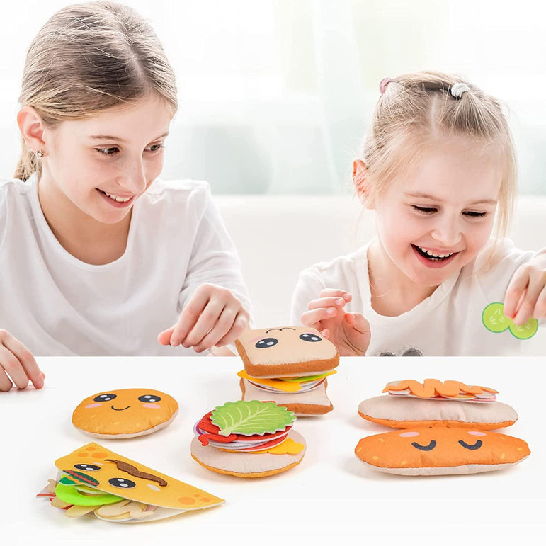 D-FantiX 34Pcs Play Food Sets for Kids Kitchen, 4 in 1 Kids Felt Food Toy with Cute Emotion, Fake Food Playset, Hamburger Sandwich Taco Panini DIY Food Toy Set Christmas Bithday Gift Party Supplies